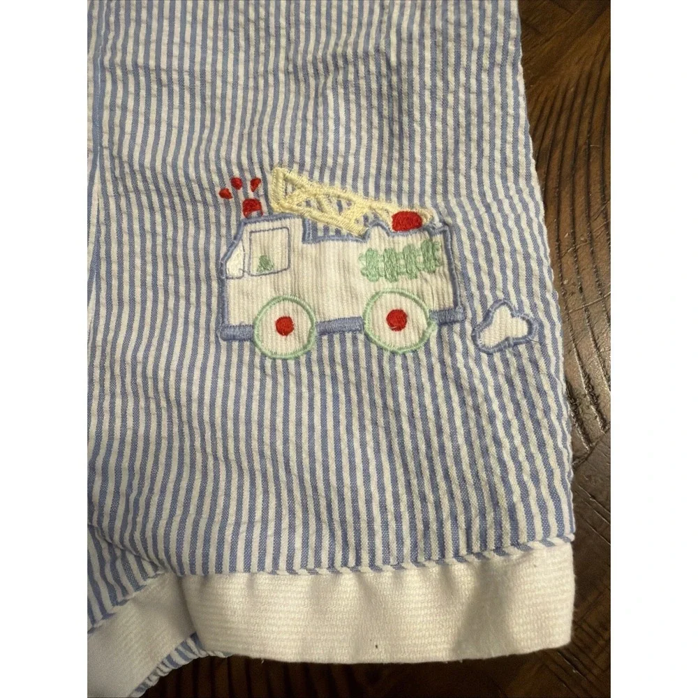 Vintage Carter's 3-6 Month Fire Truck Seersucker Romper Outfit Shorts Blue White